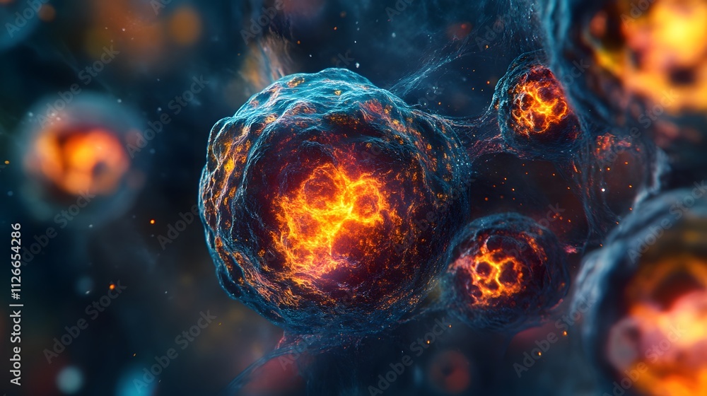Microscopic cancer cells glow like molten lava, their intricate surfaces bubbling and swirling with vibrant colors under the microscope.