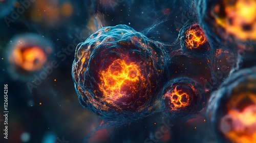 Obraz na płótnie Microscopic cancer cells glow like molten lava, their intricate surfaces bubbling and swirling with vibrant colors under the microscope. w salonie