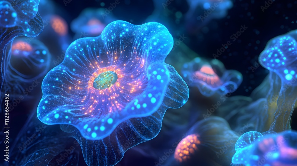 Fototapeta premium Glowing cancer cells form into crystalline shapes, their surfaces etched with intricate, radiant patterns under the biological microscope.