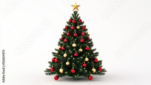 A 3D Christmas tree adorned with red and gold ornaA 3D Christmas tree adorned with red and gold ornaments, shining star on top, captured on a pristine white background.