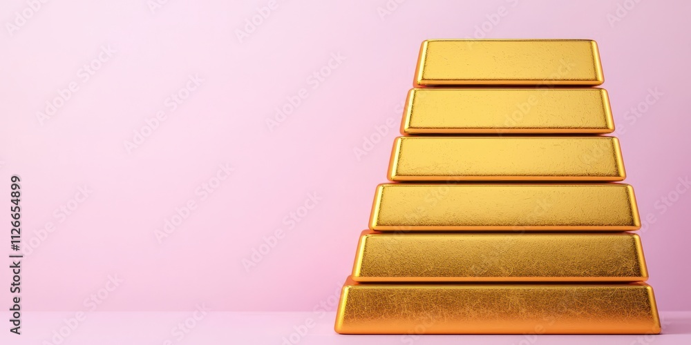 Shiny gold bars arranged in a pyramid shape against a soft pink background. Shiny gold bars arranged in a pyramid shape against a soft pink background.