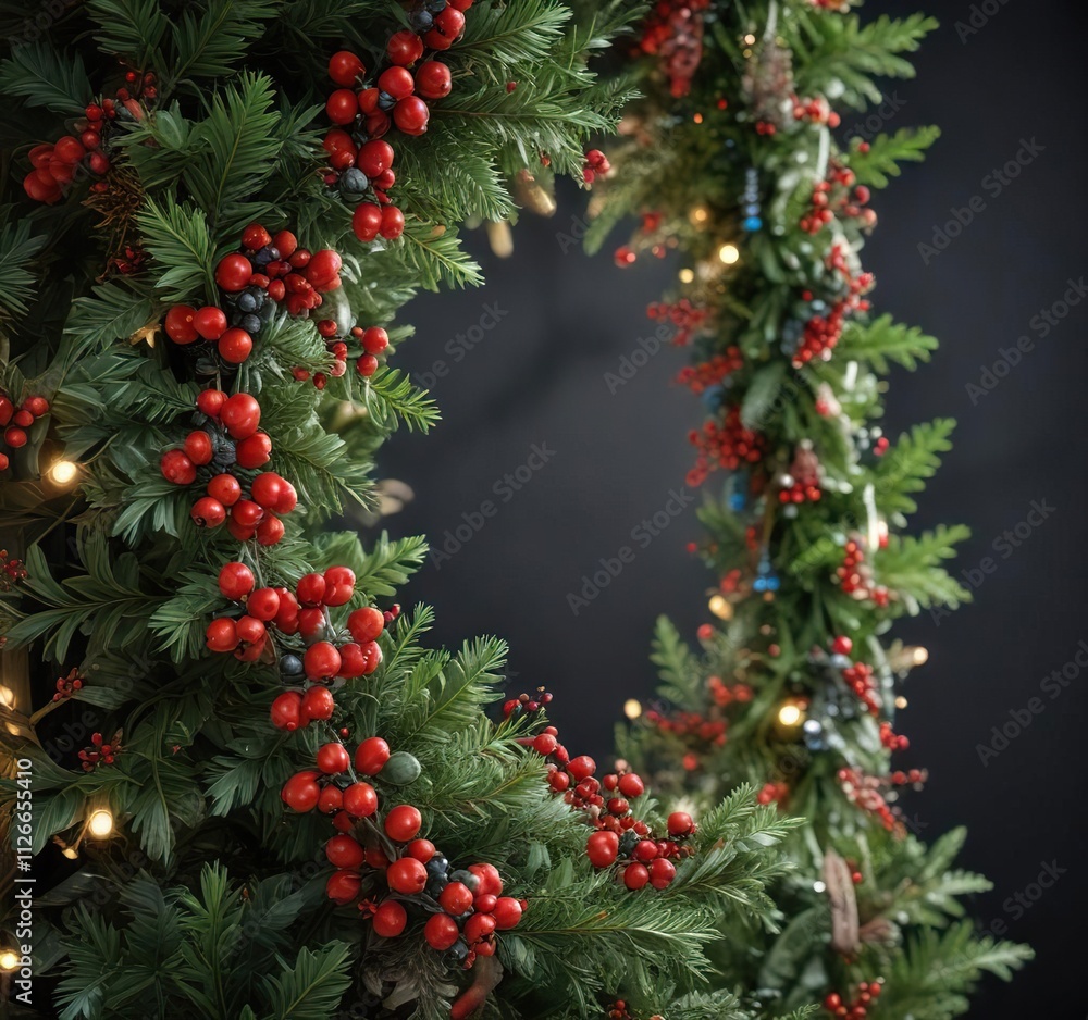 Christmas tree with a beautiful garland of holly and berries, beautiful garland, holiday decorating ideas, evergreen branches Christmas tree with a beautiful garland of holly and berries, beautiful garland, holiday decorating ideas, evergreen branches