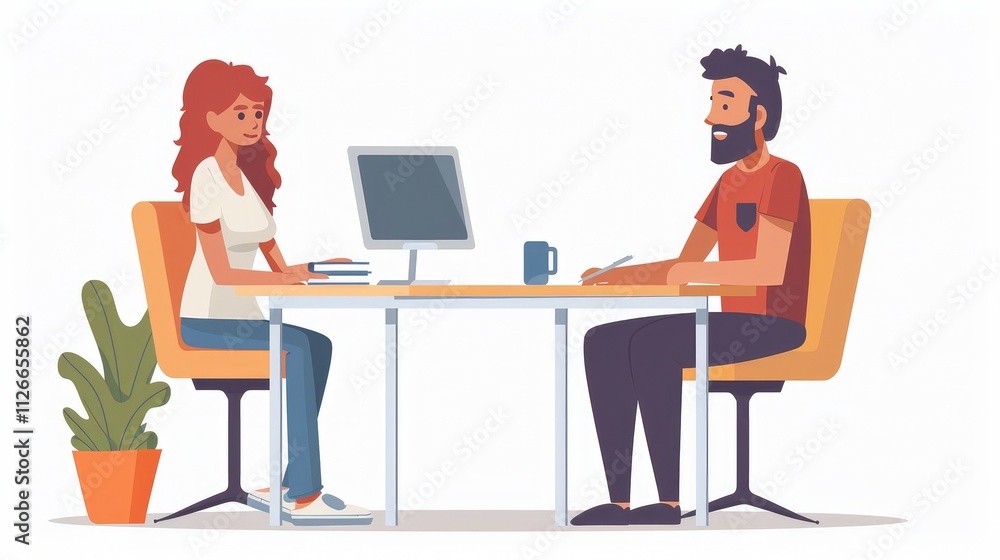 A helpful customer care specialist assisting a client at a desk, isolated on a white background A helpful customer care specialist assisting a client at a desk, isolated on a white background