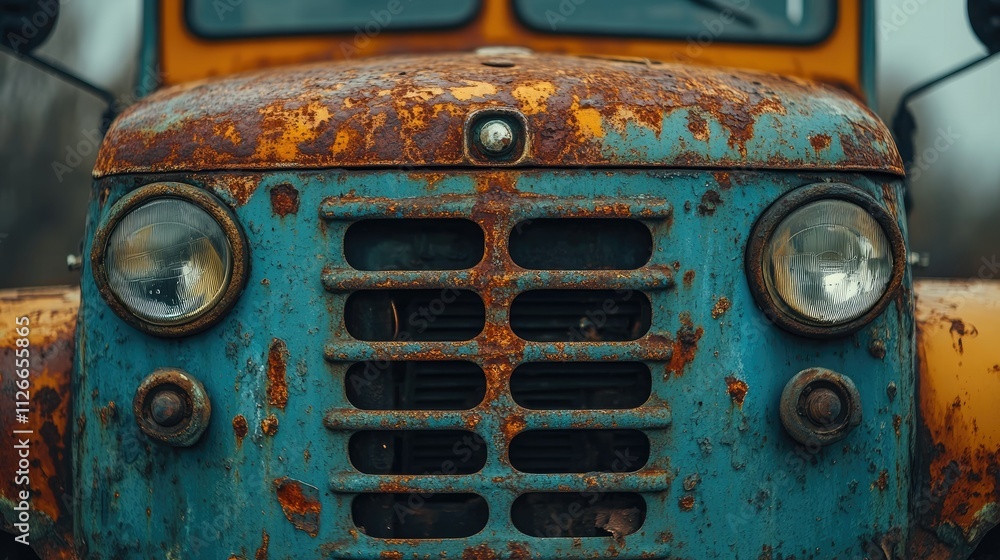 Fototapeta premium Close-up of rusty, vintage vehicle front.