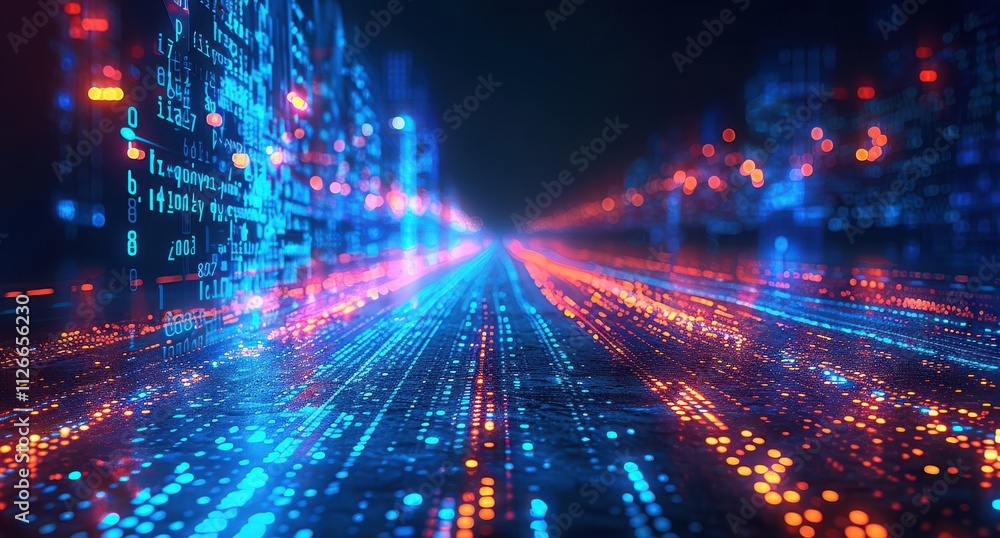 Fototapeta premium A city skyline is lit up with neon lights and the road is filled with cars