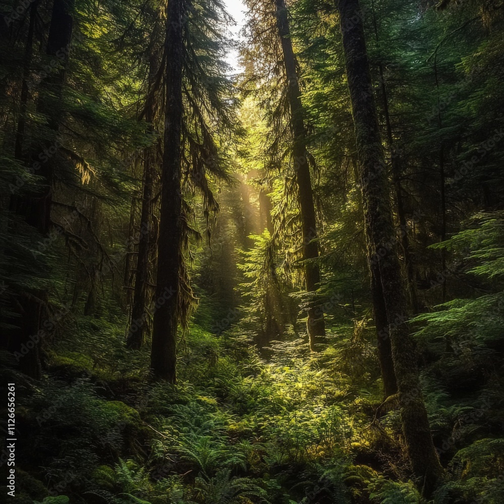 Fototapeta premium sunlight filtering through a dense forest