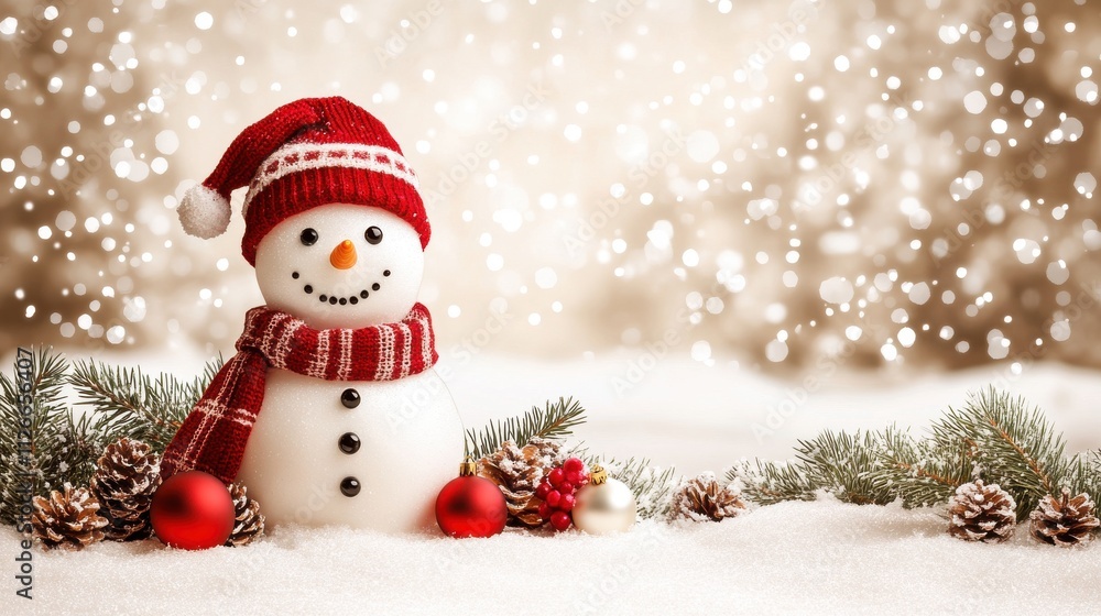 Fototapeta premium A photostock of a decorated snowman in front of a Christmas tree, on a snowy background. --chaos 51 --ar 16:9 --style raw --stylize 250 --v 6.1 Job ID: b5a9ecbd-67c7-4d0f-9c88-a5c47caf4143