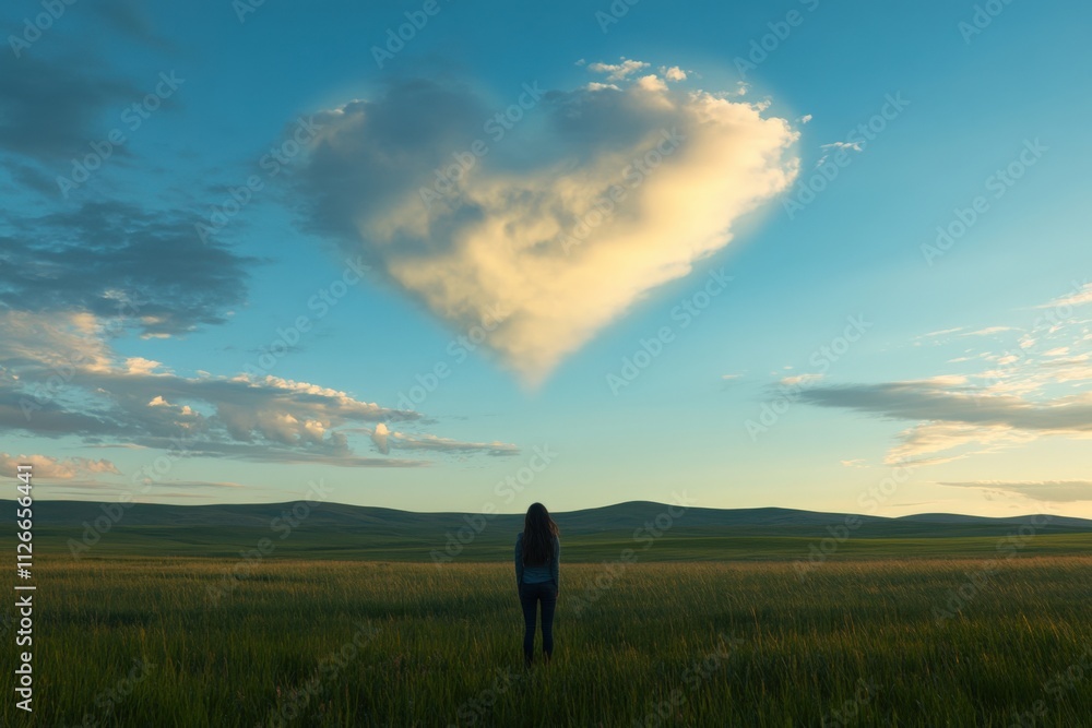 silhouette of a person under a heart-shaped cloud in a serene landscape silhouette of a person under a heart-shaped cloud in a serene landscape