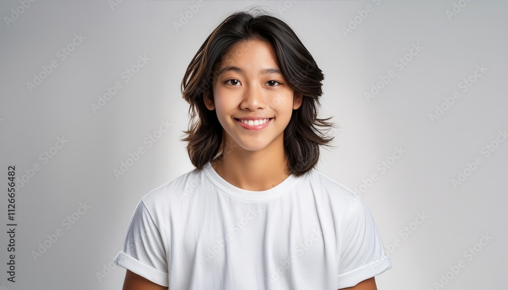 Cheerful Asian Teen with Long Hair in White TShirt Posing in Front of a Plain White Studio Background, Capturing a Bright and Joyful Expression for Youthful Vibes and Positive Energy Cheerful Asian Teen with Long Hair in White TShirt Posing in Front of a Plain White Studio Background, Capturing a Bright and Joyful Expression for Youthful Vibes and Positive Energy