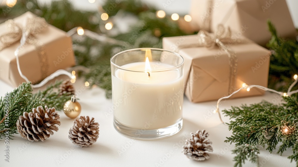 cozy holiday decor with candle and wrapped gifts cozy holiday decor with candle and wrapped gifts