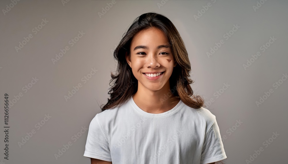 Cheerful Asian Teen with Long Hair Wearing a White TShirt Posing in Front of a Plain White Studio Background, Radiating Positivity and Youthful Energy in a Softly Lit Environment Cheerful Asian Teen with Long Hair Wearing a White TShirt Posing in Front of a Plain White Studio Background, Radiating Positivity and Youthful Energy in a Softly Lit Environment