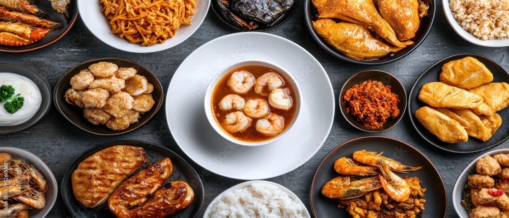 Delicious seafood feast asian restaurant food photography indoor setting aerial view culinary delight Delicious seafood feast asian restaurant food photography indoor setting aerial view culinary delight