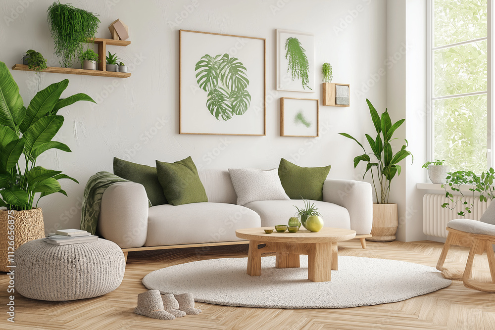 A living room with a white couch, a coffee table, and a rug A living room with a white couch, a coffee table, and a rug