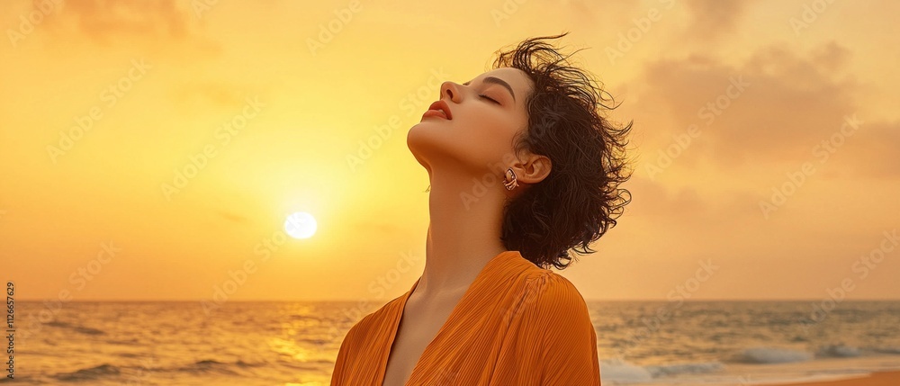Sunset silhouette of a woman by the ocean beach scene serene atmosphere warm tones side view freedom concept Sunset silhouette of a woman by the ocean beach scene serene atmosphere warm tones side view freedom concept