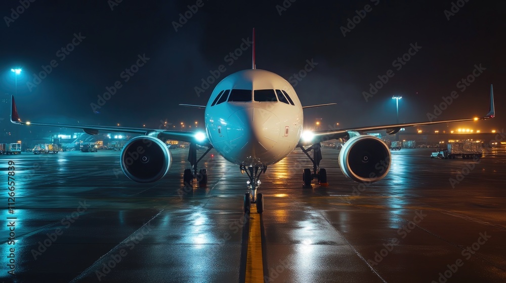 Fototapeta premium Airplane Window View of City Lights and Sky