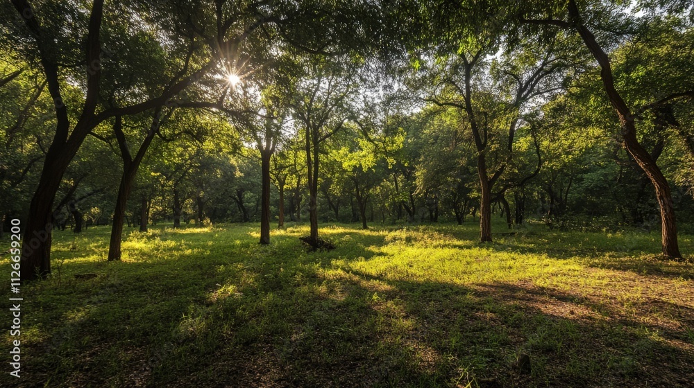 Naklejka premium serene forest landscape with sunlight filtering through trees