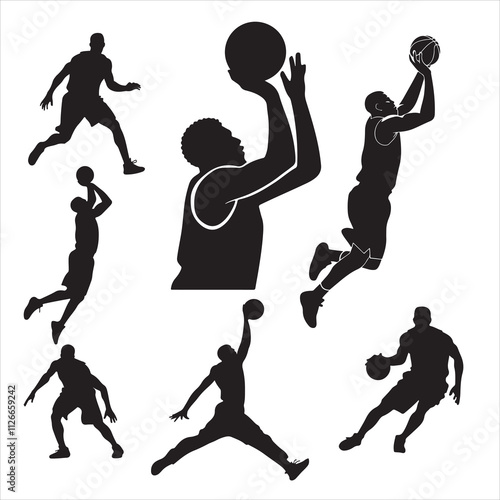 set of vector different style of basketball players silhouette