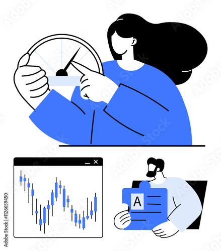Businessperson pointing at clock, analyzing fluctuating line graph, and reviewing documents. Ideal for productivity, time management, data analysis, office work, project planning, business strategy