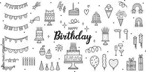 Happy Birthday doodle set. Sketch party decoration, gift box, cake, party. Hand drawn elements. Vector line illustration