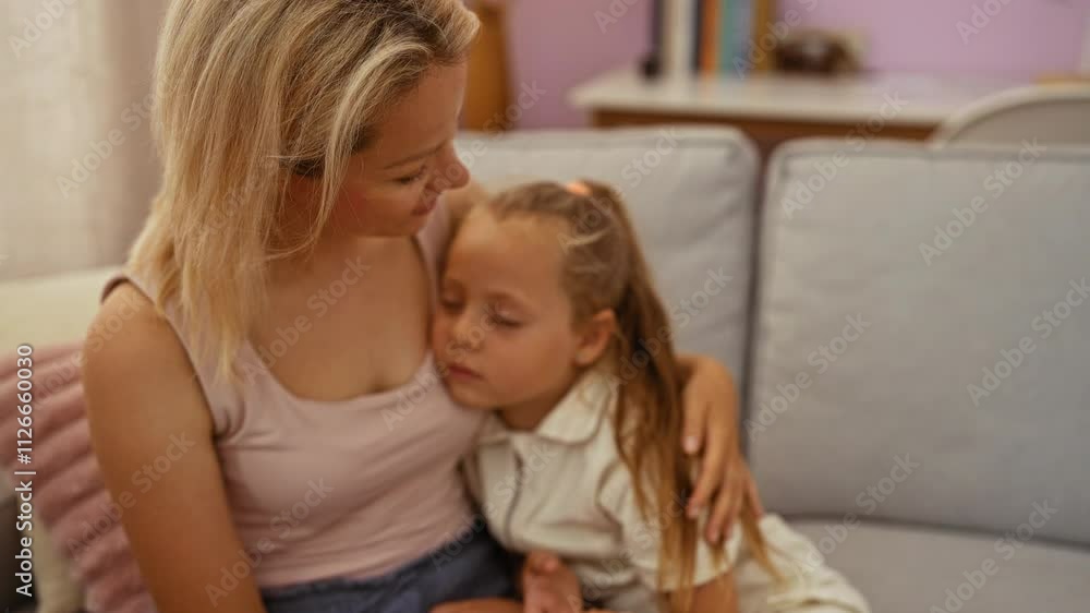 Mother and daughter embracing on a couch in a cozy home environment, showing tender affection. Mother and daughter embracing on a couch in a cozy home environment, showing tender affection.