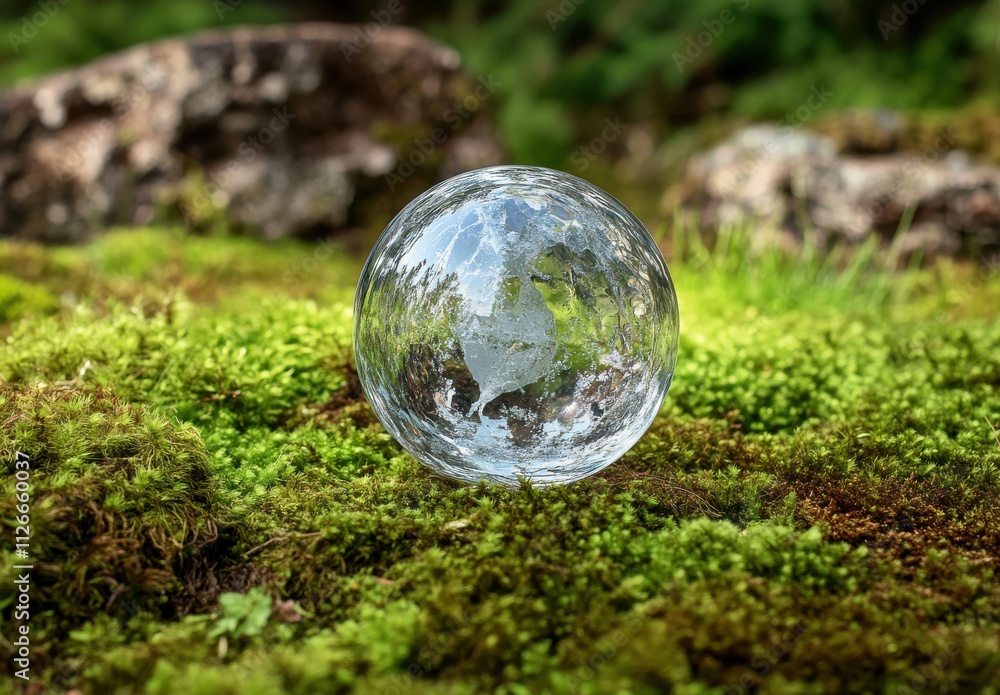 Crystal Clear Glass Sphere on Lush Green Moss Amidst Nature in a Peaceful Forest Setting, Symbolizing Environmental Awareness and Planetary Protection Crystal Clear Glass Sphere on Lush Green Moss Amidst Nature in a Peaceful Forest Setting, Symbolizing Environmental Awareness and Planetary Protection