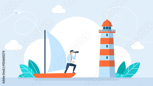 Vision and innovation, business concepts. Business vision and mission. Strategy and corporate goal concept with lighthouse and superhero on ship. Vector illustration