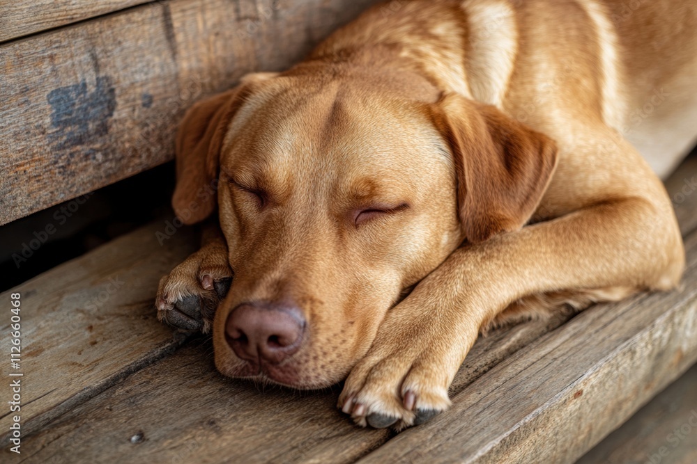 Sleeping Golden Retriever on Wooden Bench