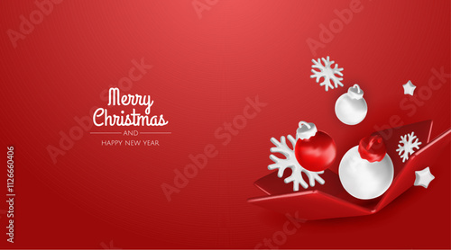 Happy New Year and Merry Christmas. Christmas holiday background with realistic 3d objects, violet and white bauble balls, conical metal stars, gift. Levitation falling design composition.