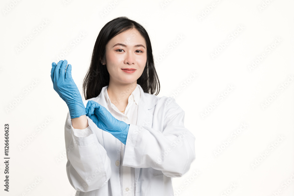 Portrait Asian doctor in protective PPE suit wearing blue gloves for protect infecion isolated on white background.Scientist female wearing personal protection equipment making laboratory in hospital. Portrait Asian doctor in protective PPE suit wearing blue gloves for protect infecion isolated on white background.Scientist female wearing personal protection equipment making laboratory in hospital.