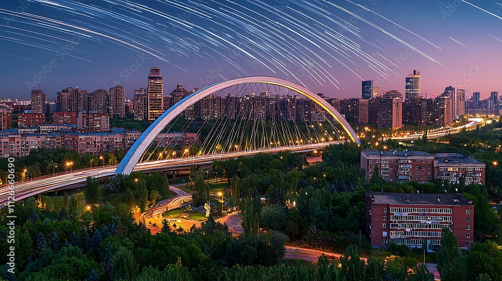 Fototapeta premium Night cityscape with illuminated arch bridge and star trails.