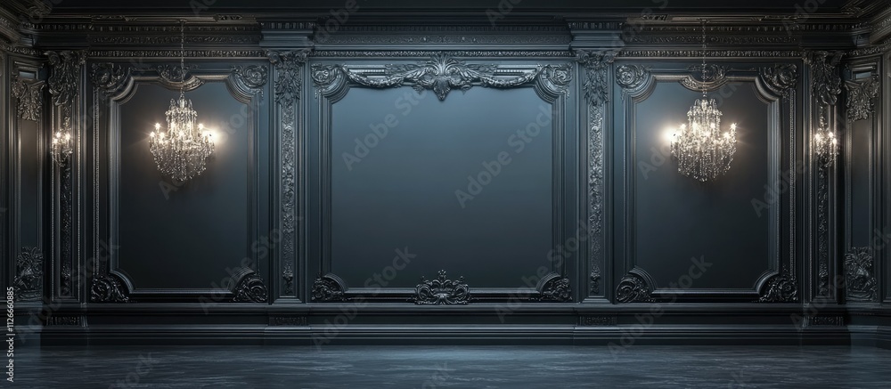 Dark elegant room with ornate wall paneling, crystal chandeliers, and empty space. Dark elegant room with ornate wall paneling, crystal chandeliers, and empty space.