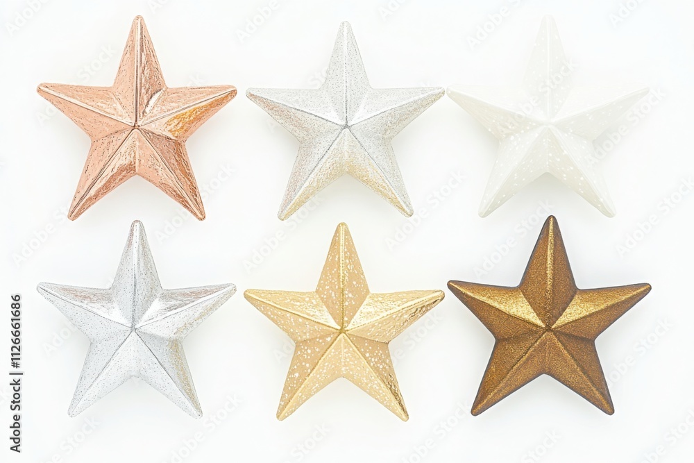 Metallic stars in gold, silver, and bronze with elegant designs on a white background, suitable for festive decorations, holiday themes, and celebratory designs.
Metallic stars in gold, silver, and bronze with elegant designs on a white background, suitable for festive decorations, holiday themes, and celebratory designs.