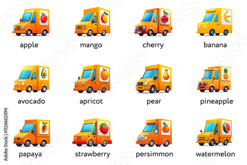 Set of signs on the theme of fresh fruit delivery. Transportation of vegetarian products.