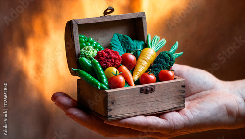 A small chest of vegetables and fruits. High prices for food and diet. Artificially grown food.