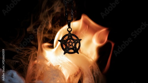 Fotografi Symbol of Protection Pentagram on Fire