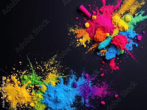 Colorful powders bursting into an abstract textured effect on a dark and contrasting background, texturedsurface, isolatedonblack photo