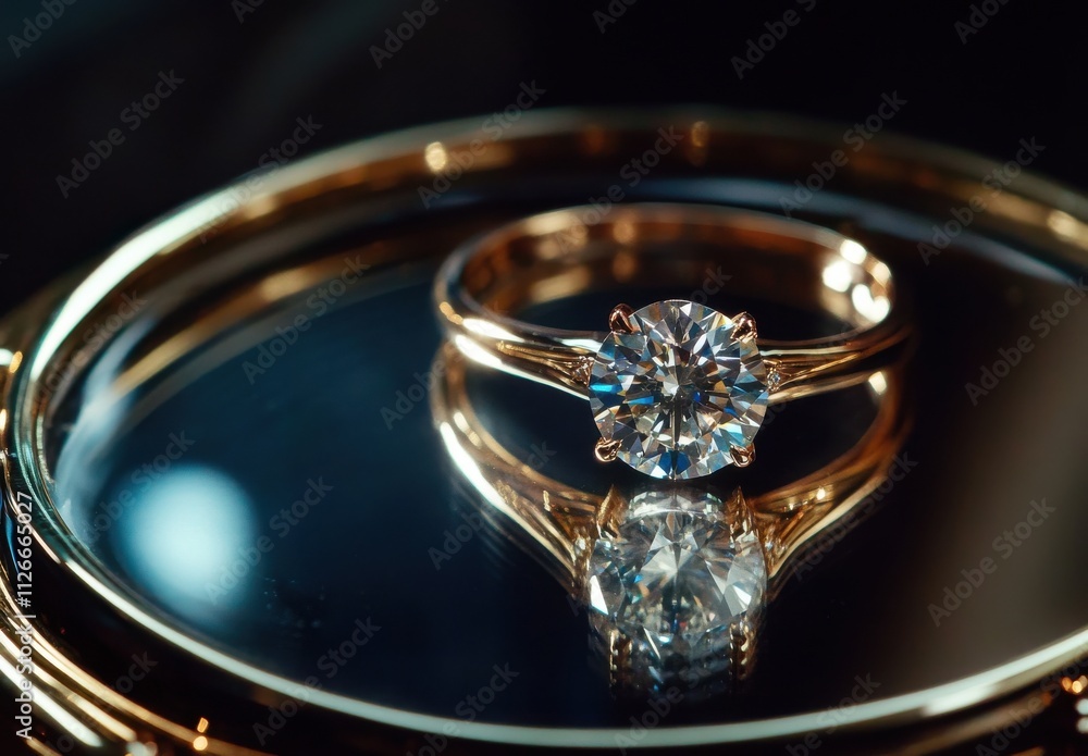 Elegant diamond ring placed on a reflective surface, showcasing brilliant cut and luxurious gold band in soft dramatic lighting for jewelry lovers and collectors. Elegant diamond ring placed on a reflective surface, showcasing brilliant cut and luxurious gold band in soft dramatic lighting for jewelry lovers and collectors.