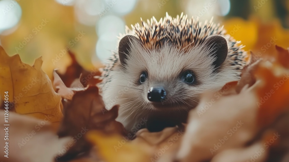 Fototapeta premium Wild Hedgehog Among Autumn Leaves in Nature