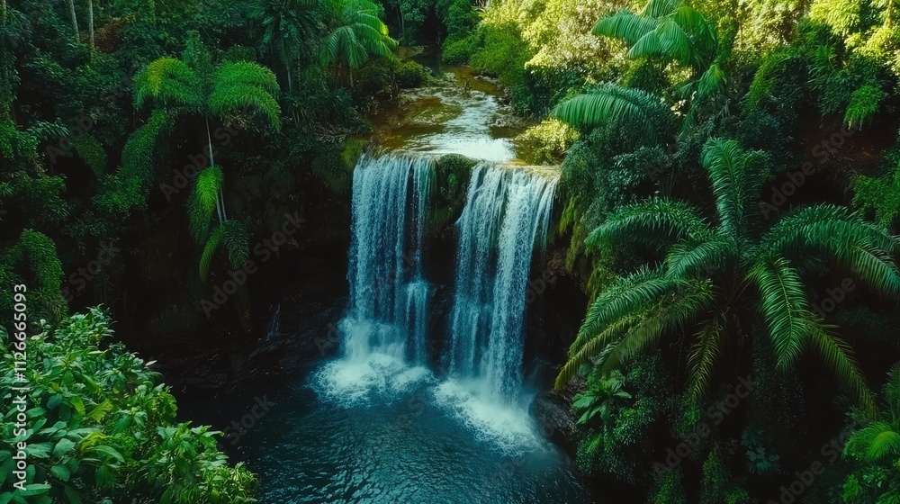 Serene Waterfall Cascading Through Lush Tropical Rainforest Paradise Serene Waterfall Cascading Through Lush Tropical Rainforest Paradise