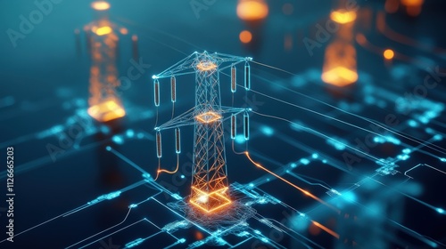 Futuristic Electric Power Infrastructure with Digital Elements Representing Power Lines and Transmission Grids in a High-Tech Environment