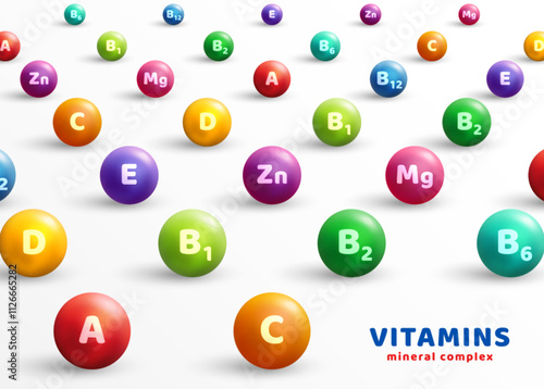 Multi Vitamin complex icons poster. Vector illustration. Multivitamin supplement, b1, d, e, mg, c, zinc, magnesium, a. Diet poster. Colorful pills capsule, droplet