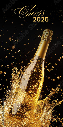 Cheers 2025 Party Template with Champagne Bottle Splash.