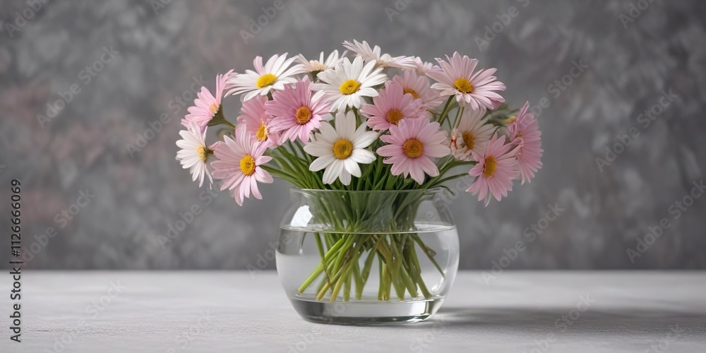 Dainty daisies in shades of white and pink arranged in a small, delicate glass vase on a soft, gray stone background, simple elegance , daisies Dainty daisies in shades of white and pink arranged in a small, delicate glass vase on a soft, gray stone background, simple elegance , daisies