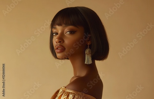 Elegant portrait of a woman with a stylish bob haircut and statement earrings against a warm, neutral background, capturing beauty and sophistication in fashion photography.