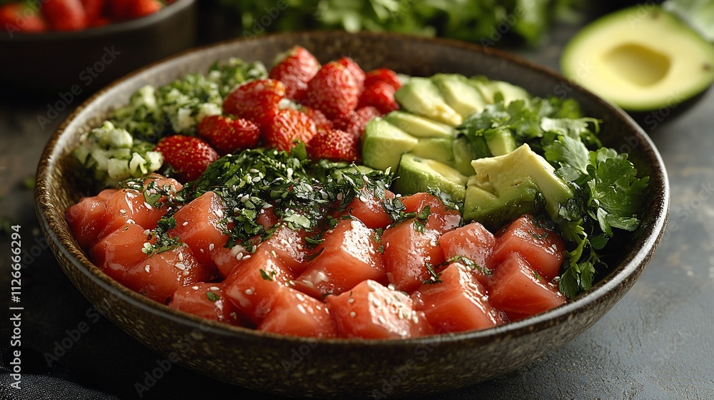 Fresh tuna, avocado, strawberry poke bowl. Fresh tuna, avocado, strawberry poke bowl.