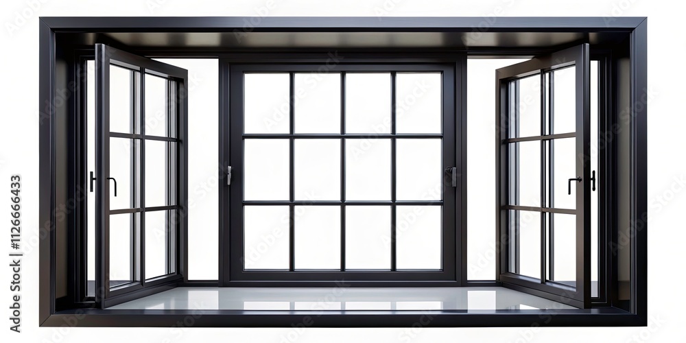 Modern Black Window Frame with Open Windows Isolated on White Background for Minimalist Interior Decoration and Design Inspiration Modern Black Window Frame with Open Windows Isolated on White Background for Minimalist Interior Decoration and Design Inspiration