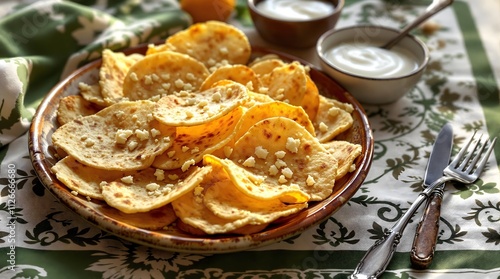 Patir Qurt Chips with Crumbled Qurt and Yogurt Dip (Tajik: Патир Курт) photo