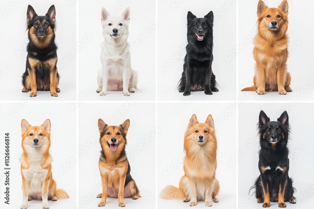 Obraz premium Portraits of eight diverse dog breeds sitting against a white background with ample copy space, ideal for banners, posters, or pet-related advertisements.