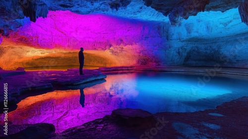 A bright neon cave with a lake photo