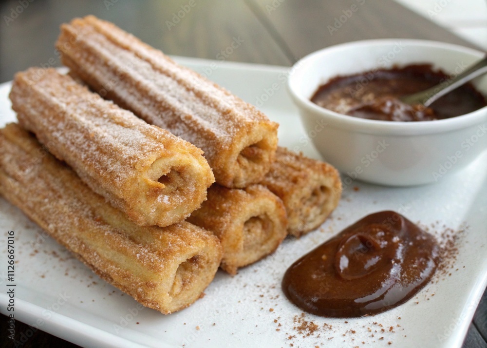 Churros Fried Spanish dough pastries, crispy on the outside and soft inside, rolled in cinnamon sugar, and often served with a side of thick chocolate for dipping Churros Fried Spanish dough pastries, crispy on the outside and soft inside, rolled in cinnamon sugar, and often served with a side of thick chocolate for dipping